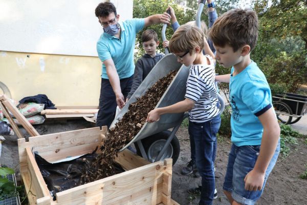 Das Wildbienenbuffet wird zuerst mit einer Grundfüllung befüllt.